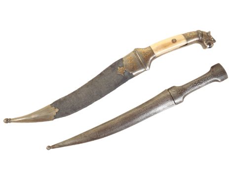 A 19TH CENTURY PERSIAN DAGGER the curved blade with central rib with brass floral decoration inlay, with bone grip, metal and