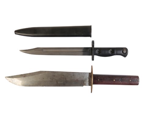 A BOWIE KNIFE with a brass hilt and mahogany grip, with engraved inscription to the blade "Original Bowie Knife", 28cm long; 