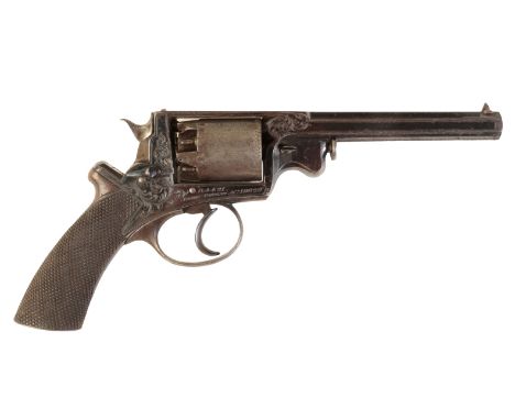 ADAMS PATENT: A PERCUSSION REVOLVER with lacquered walnut grip, floral engraved action and steel trigger guard, inscribed to 