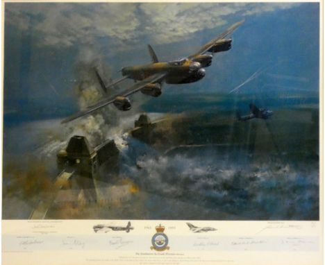 The Dambusters by Frank Wootton, framed limited edition print No. 809/850, signed by Norman Jackson VC, Bill Reid VC and the 