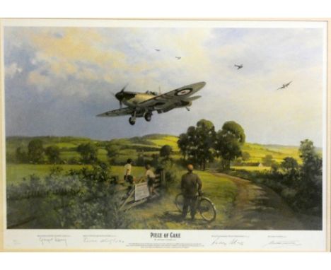 Piece of Cake by Michael Turner, limited edition print No. 767/1494, signed by Ginger Lacey, DFM Exp/Capt Brian Kingcomb D50 