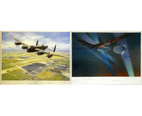Lancaster Bale Out by Frank Wootton framed limited edition print, No. 809/850, signed by Norman Jackson VC, Bil Reid VC and t