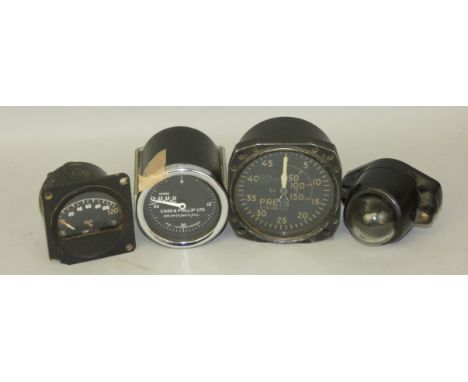 An aircraft air pressure gauge, an Air Ministry 24v 1942 dated oil temperature gauge MKIIIA, an Air Ministry marked Ref. No. 