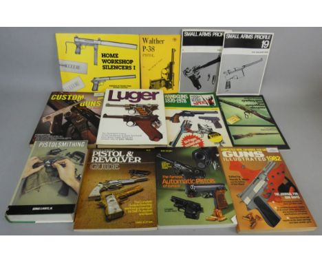 A selection of firearm related books, including Luger by John Walter and Walther P-38 pistol by Maj. George C. Nonte.