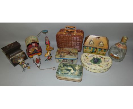 Five tinplate clockwork toys to include Cowboy Joe's Musical Chuck Wagon, together with various vintage tins including The Lu