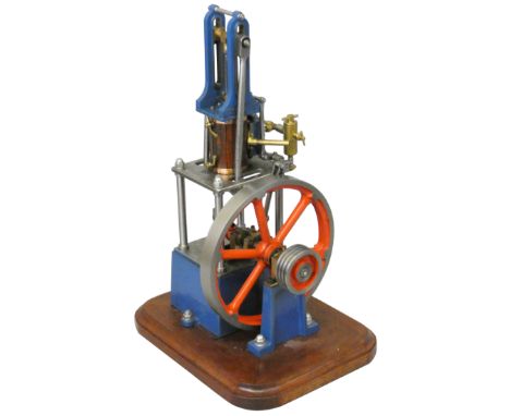 A scratchbuilt James Combe "Stuart Engineering Model" air driven steel and brass model table engine, on mahogany plinth, heig