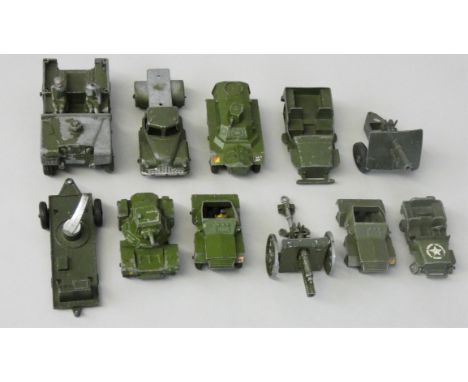 Thirteen army related die-cast vehicles, to include Dinky No. 670 Armoured Car, No. 673 Scout Car (x2), Dinky Armoured Person