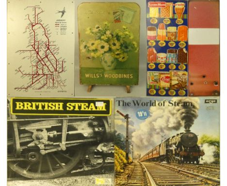 An advertising firescreen or store display for Will's Woodbines cigarettes, 72 x 49cm, together with other enamel and tin sig
