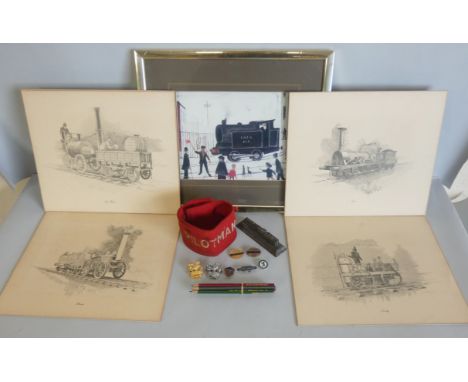 A boxed assortment of railway related collectables, to include a cast metal model of Flying Scotsman, railway badges, Pilotma