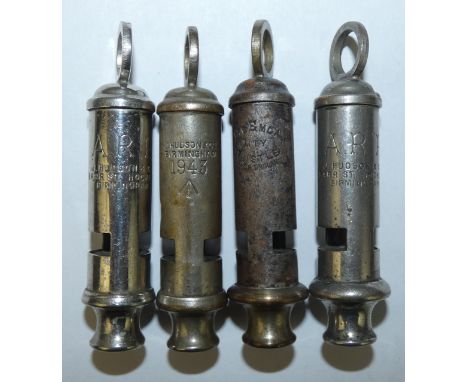 Four WWII whistles the Emca "City" whistle, a 1943 dated and broad arrow marked whistle by J. Hudson and co of Birmingham and