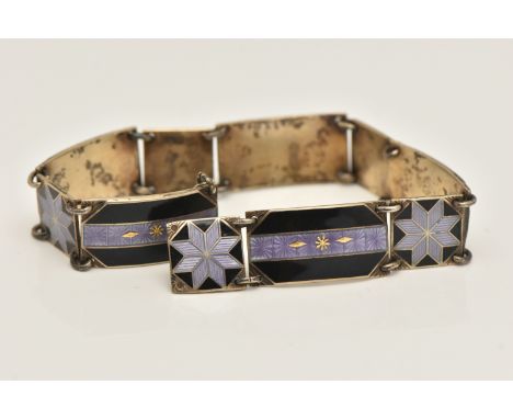 AN 'AKSEL HOLMSEN' NORWEIGAN ENAMEL LINE BRACELET, designed as a series of rectangular and square links, each decorated with 