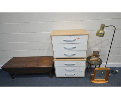 A PAIR OF MODERN THREE DRAWER BEDSIDE CHESTS, width 73cm x depth 42cm x height 56cm, a drop leaf coffee table, a brass top ta
