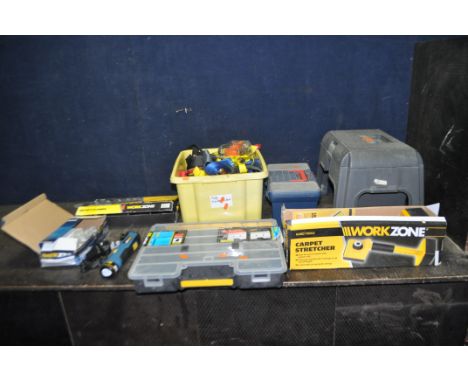 A COLLECTION OF TOOLS AND WORKBENCHES including a Work Zone 12v multi tool (PAT pass and working), a box containing Work Zone