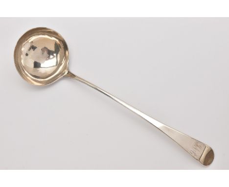 A GEORGE III SILVER SOUP LADLE, fiddle pattern with engraved monogram to the handle, hallmarked 'William Chawner II' London 1