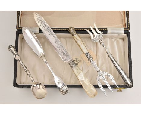 A BOX WITH A SMALL QUANTITY OF SILVER CUTLERY, to include a trident bread fork, butter knife, teaspoon, all with a full silve