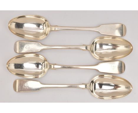 A SET OF FOUR GEORGIAN SILVER FIDDLE PATTERN TABLESPOONS, each engraved with an initial 'S', hallmarked 'William Eaton' Londo