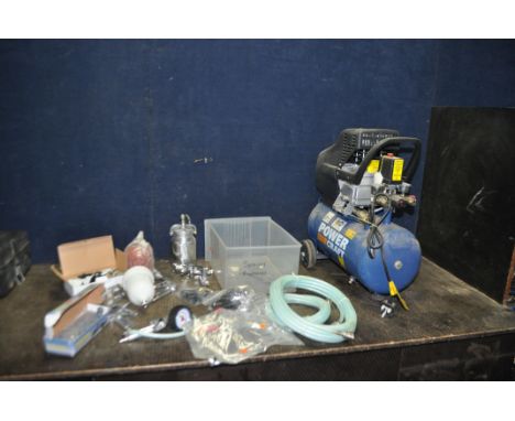 A POWERCRAFT PC270/08 AIR COMPRESSOR with a tray containing air tools including two spray guns, a die grinder, an airbrush, a