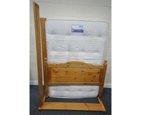 A SLEEPMASTERS ROYAL CROWN ORTHO 4FT6 MATTRESS, along with a pine bedstead, with bolts and slats, condition report: ideal for