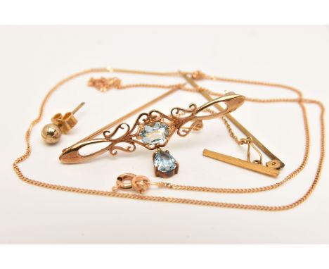 A 9CT GOLD FINE CHAIN, A BROOCH AND TWO OTHER ITEMS, to include a fine curb link chain, fitted with a spring clasp, hallmarke