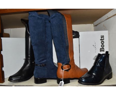 FIVE PAIRS OF LADIES BOXED BOOTS, brand name 'Lunar', comprising three pairs of knee length boots in black, navy blue and tan