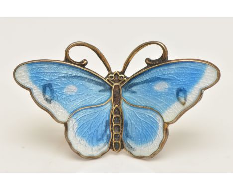 A 'HROAR PRYDZ' NORWEIGAN ENAMEL BUTTERFLY BROOCH, decorated with light blue and white guilloche enamel, gilt reverse, stampe