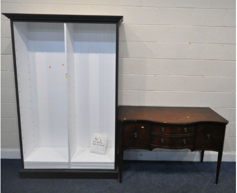 A BLACK AND WHITE PAINTED DOUBLE OPEN BOOKCASE, with ten shelves, width 130cm x depth 38cm x height 201cm, along with a mahog