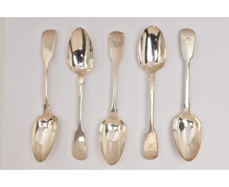 SIX GEORGIAN SILVER FIDDLE PATTERN TABLESPOONS, engraved monograms to the handles, assorted makers and assay offices, length 