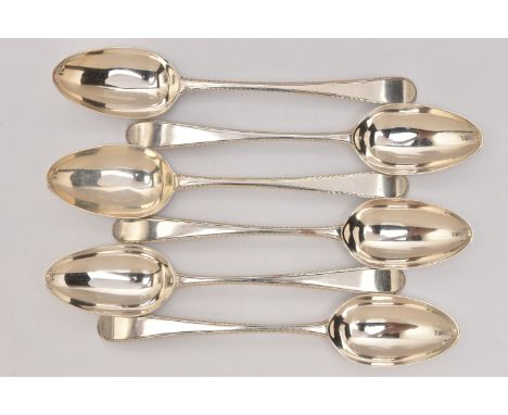 A SET OF SIX 'HESTER BATEMAN' SILVER FEATHER PATTERN TABLESPOONS, Old English feather patterned spoons, each hallmarked 'Hest
