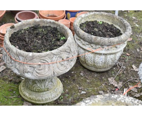 A WEATHERED COMPOSITE ACANTHUS LEAF PLANTER, on a separate base, diameter 43cm x height 44cm, and another planter, condition 