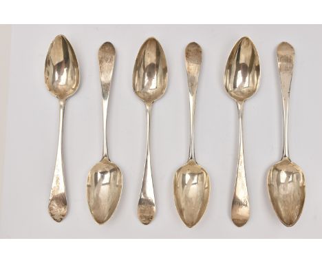 SIX 1795 EDINBURGH SILVER SCOTTISH CELTIC POINT TABLESPOONS, each with an engraved monogram to the handle, hallmarked possibl