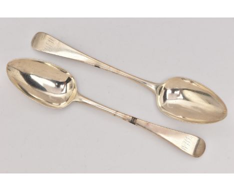 A PAIR OF GEORGE III SILVER TABLESPOONS, Old English pattern tablespoons, each engraved to the terminals, hallmarked 'William