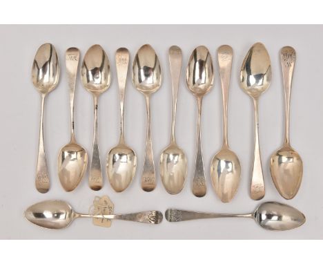 A BAG OF ASSORTED SILVER TEASPOONS, various Old English pattern teaspoons, all engraved to the terminals, all with various fu