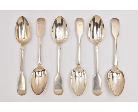 A SET OF SIX SILVER VICTORIAN FIDDLE PATTERN TABLESPOONS, each with an engraved initial to the terminal of the handle, approx