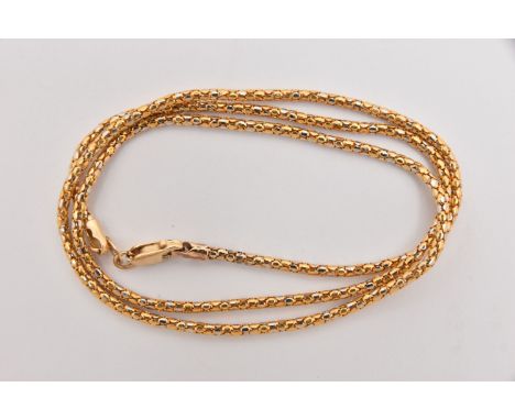 A BI-COLOUR SNAKE CHAIN NECKLACE, fitted with a lobster clasp, stamped 585 Italy, length 400mm, approximate gross weight 3.4 