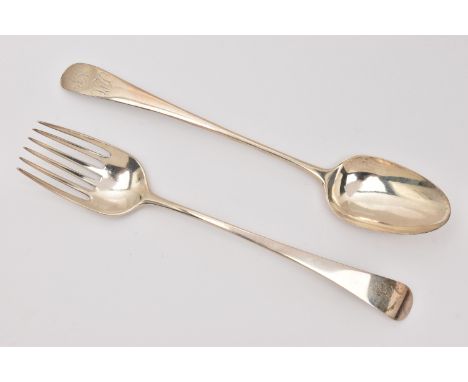 A SILVER SERVING FORK AND SPOON, Old English pattern serving fork with engraved monogram, worn hallmark for 'Richard Crossley