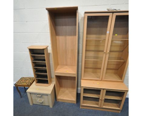 A MODERN DISPLAY CABINET, with two pairs of glass doors, width 80cm x depth 43cm x height 184cm, an open shelving unit, a two