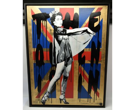 PEGASUS - CHRIS TURNER (AMERICAN CONTEMPORARY) 'THE QUEEN IS IN' a stencil portrait of a female figure with Queen Elizabeth's