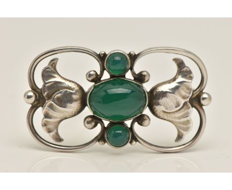 A 'GEORG JENSEN' BROOCH, set with three green chalcedony cabochons, flanked with bell shape flowers, signed to the reverse 'G