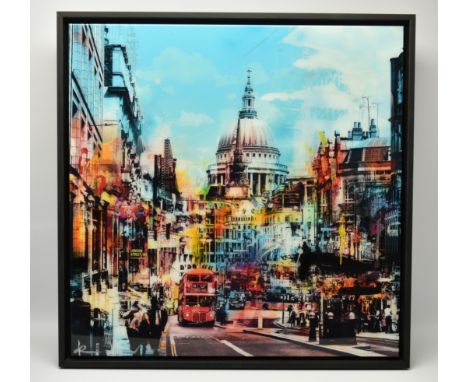 PACO RAPHAEL (DUTCH 1975) 'BLUE TRAFFIC', a composition of iconic London scenes, signed bottom left, mixed media on aluminium