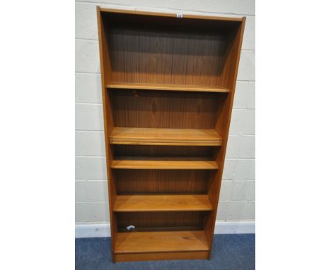 A MID-CENTURY TEAK OPEN BOOKCASE, width 85cm x depth 29cm x height 189cm, condition report: some shelf pins missing, general 