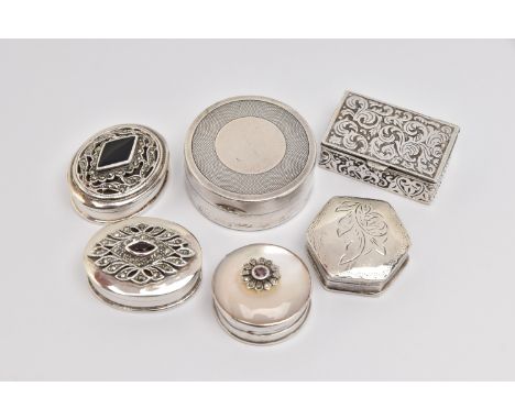 SIX SILVER PILL BOXES, three gem set pill boxes, hallmarked 'M&amp;M' London, three additional pill boxes, each hallmarked, a