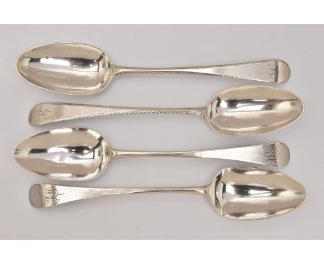 FOUR SILVER 'HESTER BATEMAN' TABLESPOONS, two Old English pattern spoons with feathered rims and engraved initial 'K' to the 
