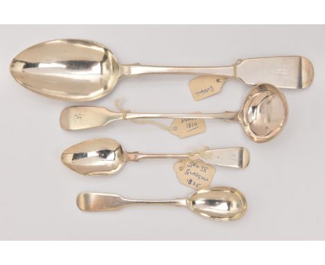 FOUR 19TH CENTURY SILVER CUTLERY PIECES, to include a fiddle pattern sauce ladle, a fiddle pattern serving spoon, and two fid