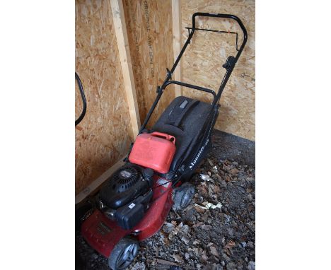 A MOUNTFIELD S421 HP SELF PROPELLED PETROL LAWNMOWER, with a grass box and one petrol can, condition report: engine turns but