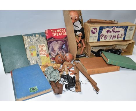 ONE BOX OF VINTAGE PELHAM PUPPETS, to include four early versions of puppets, 'Winkles' the black cat with original box, two 