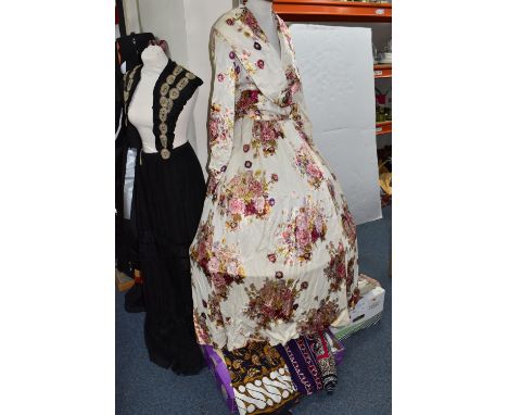 TWO BOXES AND LOOSE VINTAGE CLOTHING AND TEXTILES, to include a 1940's/1950's floral satin long sleeved dress, with shawl col