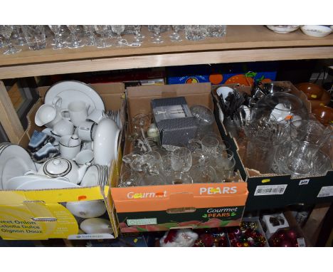FIVE BOXES AND LOOSE CERAMICS, GLASS AND MISCELLANEOUS, included Muse white and silver dinner and tea ware, a collection of g