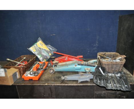 A SELECTION OF AUTOMOTIVE TOOLS including a Halfords and a Viking trolley jacks, spanners, sockets, socket wrenches, a Traile