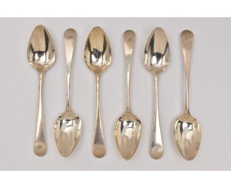 A SET OF SIX GEORGIAN SILVER DESSERT SPOONS, Old English pattern spoons, each engraved to the terminal, hallmarked 'Peter, An