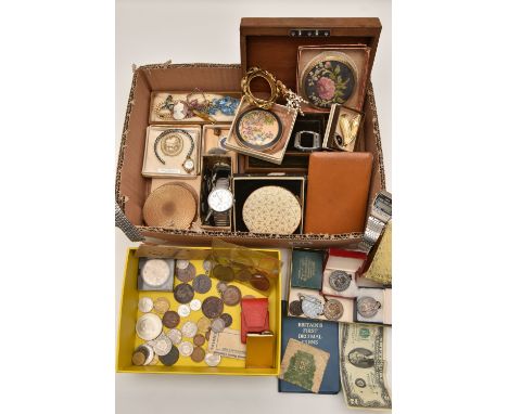 A BOX OF ASSORTED COSTUME JEWELLERY, COMPACTS ETC, to include a light brown jewellery box, beaded necklaces, brooches, imitat